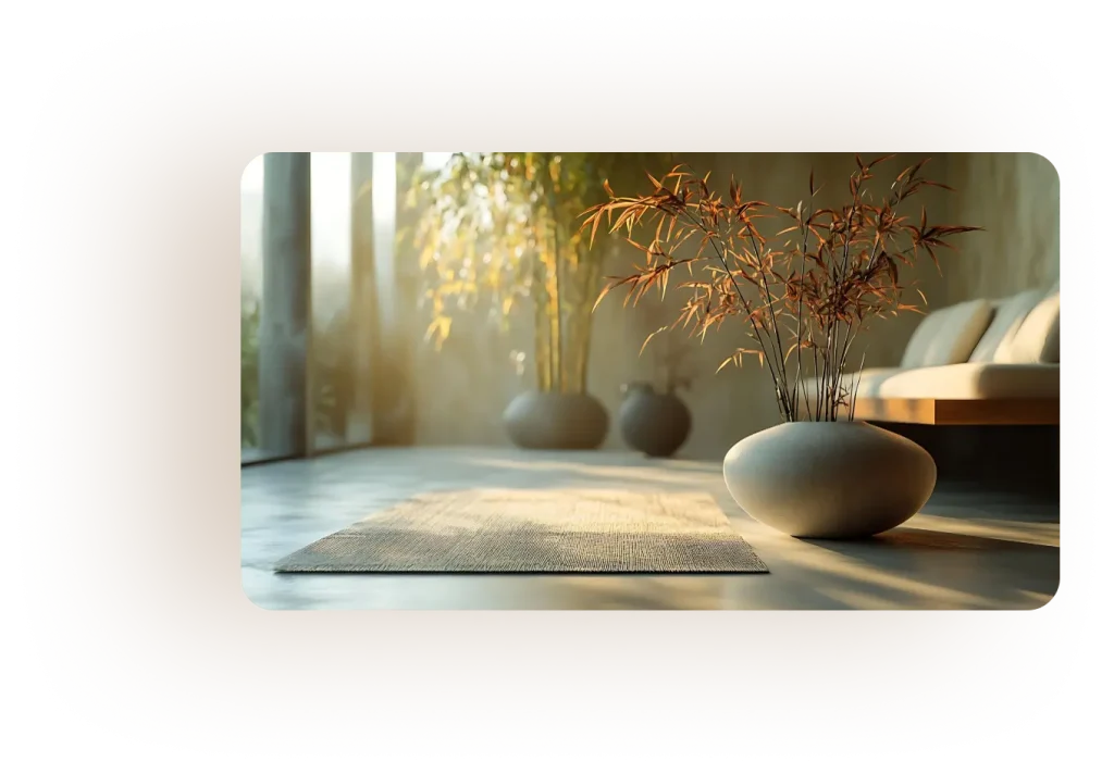 letisztult enteriőr szőnyeggel, vázával és bambusznövénnyel