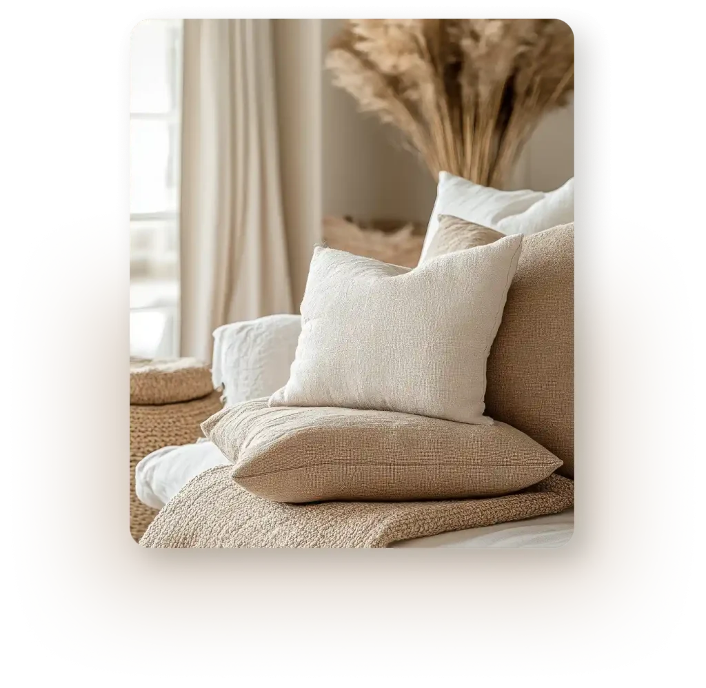 harmonikus enteriőr kellemes anyagokkal és lágy színekkel